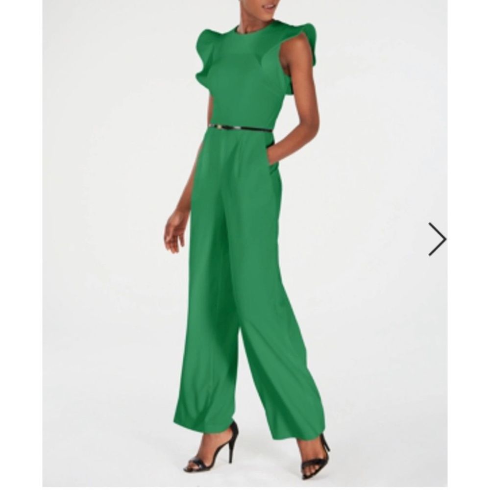 Calvin Klein Green Jumpsuit with Ruffled Sleeves and Wide-Leg Design